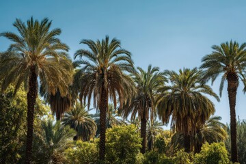 Fototapeta premium Tropical paradise with palm trees against a clear blue sky, showcasing lush foliage and textured trunks, creating a vibrant natural oasis perfect for travel and nature enthusiasts