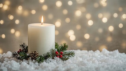 A lit candle surrounded by pine branches and red berries on snow with a bokeh background. Festive and holiday atmosphere. Winter celebration, Christmas decor, or seasonal greeting.