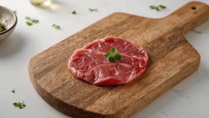 Fototapeta premium Raw steak on a wooden cutting board with herbs, food, raw ingredients, and cooking concept.