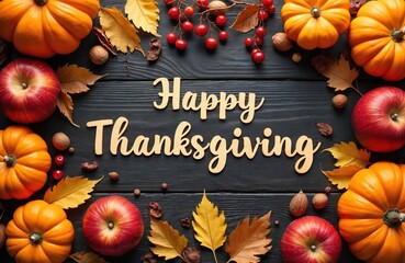 Orange pumpkins and red apples arranged with dry autumn leaves on dark wood. Happy Thanksgiving text overlay welcomes holiday guests. Festive bounty celebrates season harvest.