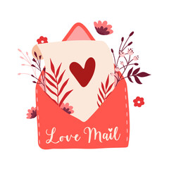 Cute hand drawn envelope with flowers and herbs in flat doodle style. Valentine vector illustration for stickers in pink and red colors. Love mail in cartoon stylisation