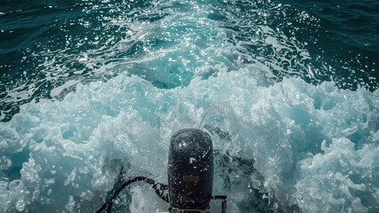 Naklejka premium An outboard motor in water with splashes and waves, capturing the motion and power of the engine.