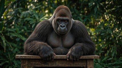 Obraz premium A gorilla resting its arms on a wooden surface with lush green foliage in the background.
