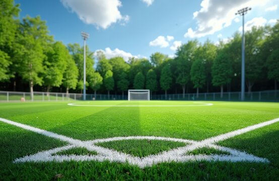 Bright sports field with green grass and white lines. Soccer pitch corner with sunlight under blue sky. Professional lawn ready for football match in summer. Trees surround stadium.
