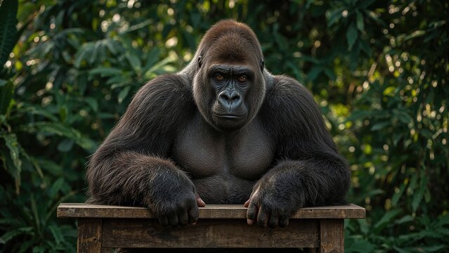 A gorilla resting its arms on a wooden surface with lush green foliage in the background.