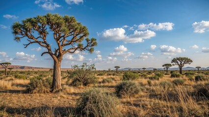 Obraz premium A landscape of acacia trees in the savannah with a blue sky and scattered clouds.