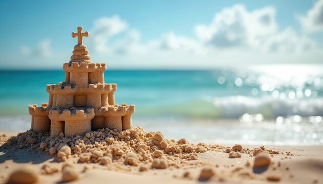 Sandcastle sits on beach sand. Ocean and blue sky are visible in background. Summer vacation, sunny seascape. Holiday mood. Seashore play, sunlit resort. Fun family time on scenic tropical coast.
