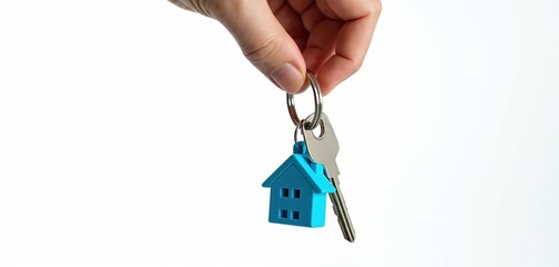 Hand holds house keys with keyring. Blue house shaped keychain and silver key. Real estate concept for buying property or renting apartment. Home ownership, new beginning concept.