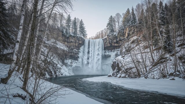 Frozen waterfall with icy river and snow-covered trees in winter landscape. Nature scenery and cold weather. - Powered by Adobe