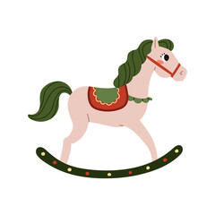 Toy rocking horse. New Year's wooden toy. Cartoon vector illustration on white background.