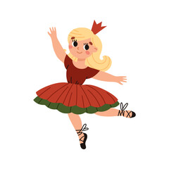 Nutcracker, magical fairy tale. Ballerina. Princess with crown and pointe shoes. New Year's wooden toys. Cartoon vector illustration.