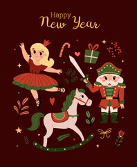 Magical fairy tale The Nutcracker, greeting card. Soldier, princess, horse and decorative elements. New Year's wooden toys. Cartoon vector illustration.