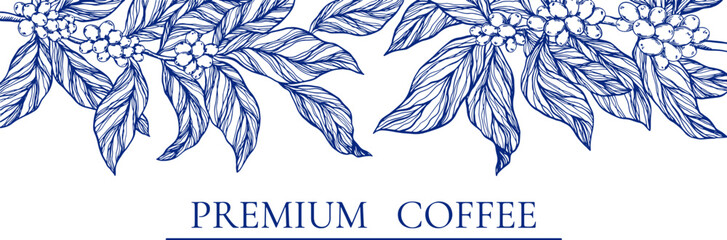 Vector banner with elegant coffee plant branches, leaves, flowers, and berries in toile de jouy style. Perfect for coffee shop decor, packaging, advertising, and premium branding design.