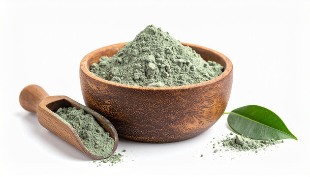 Wooden bowl filled with fine bentonite clay powder isolated on white background, natural skincare.
