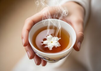 Hands holding a cup of hot jasmine tea with a floating flower. Close-up of a traditional porcelain teacup with rising steam. Wellness and relaxation concept