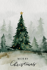 Watercolor Christmas tree with gold stars in misty snowed forest and Merry Christmas text