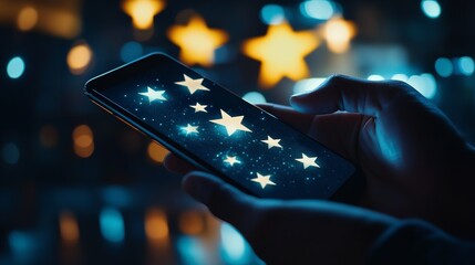 Man holding phone showing five star rating representing online review feedback and customer service