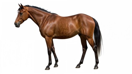 Brown horse standing on a white background.