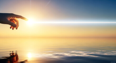 Luminous hand over ocean under firmament, concept of divine creation from genesis for religious themes.