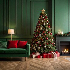 A beautifully decorated Christmas tree stands in a cozy room. The tree is adorned with red and gold ornaments. A green sofa with red cushions is nearby, and gifts are placed under the tree.