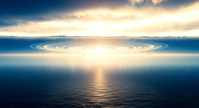 Luminous hand over ocean under firmament, concept of divine creation from genesis for religious themes.