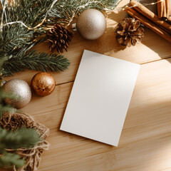 Blank 5x7 Christmas card mockup on light wooden surface with pine branches, warm ornaments and fairy lights