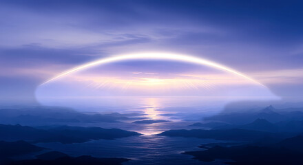 Luminous arch over water reflecting light streaks, related to genesis creation and religious themes.