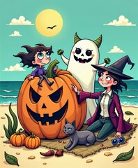 halloween, calabaza, oto&ntilde;al, vector, noche, ilustraci&oacute;n, vacaciones, luna, horror, bate, anaranjada, celebraciones, octubre, asustadizo, designio, alarmante, negro, moreno, dibujos animados, &aacute;rbol