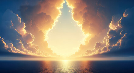 Dramatic golden hour sky over still ocean waters, relating to creation day two.