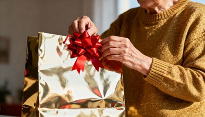 Senior woman's hands holding a gold Christmas gift bag with a red bow. Elderly person preparing a festive holiday present for a celebration