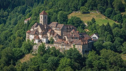 A scenic view of a historic village nestled among lush green forested hills.