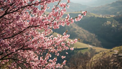 Cherry blossoms in full bloom with rolling hills and landscape in the background. Spring scenery and nature photography. Blooming trees and countryside view