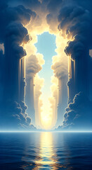 Tranquil sea reflecting golden light under heavenly clouds, illustrating second day of creation.