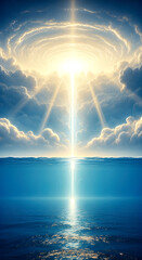 Divine light pierces ocean clouds separating water expanse, depicts genesis day two, and biblical creation.