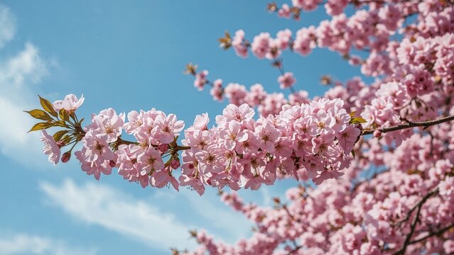 Cherry blossom branch with pink flowers against a blue sky and clouds. Springtime, nature, beauty, and blooming season.