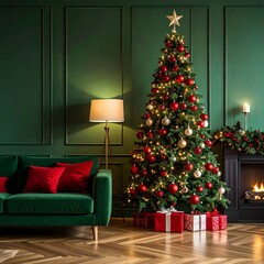 A beautifully decorated Christmas tree stands in a cozy living room. The tree is adorned with red and gold ornaments, surrounded by wrapped gifts. A green sofa and a fireplace complete the scene.
