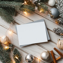 Blank 5x7 Christmas card mockup on light wooden surface with pine branches, warm ornaments and fairy lights