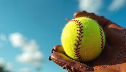 Leather softball glove cradles bright yellow ball against clear blue sky with scattered clouds. Close up on sport equipment, ready for game play. Athletic action and precision.