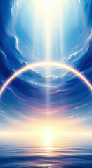 Tranquil sea under heaven with firmament halo and golden light, concept of creation day two from Genesis.