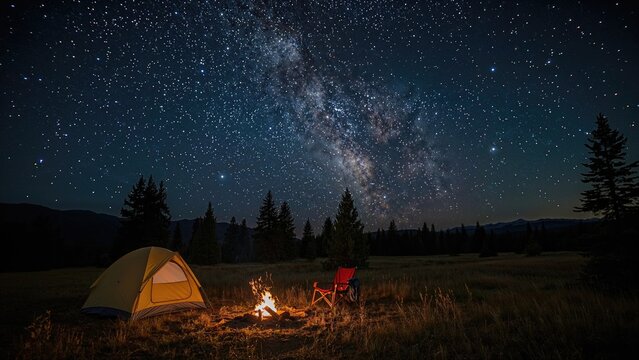 Night sky with stars and Milky Way over a camping scene with tent and campfire. Nature and outdoor adventure, starry night, camping. The scene of night camping under a starry sky.