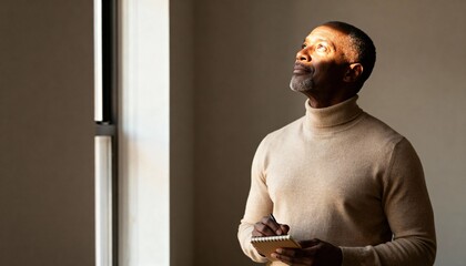 Thoughtful mature African American man looking up with inspiration while writing in a notebook. Senior professional planning for the future. Vision and creativity concept