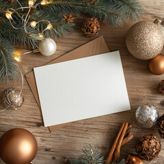Blank 5x7 Christmas card mockup on light wooden surface with pine branches, warm ornaments and fairy lights