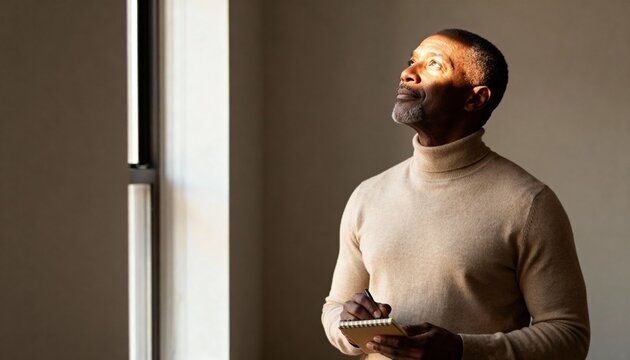 Thoughtful mature African American man looking up with inspiration while writing in a notebook. Senior professional planning for the future. Vision and creativity concept