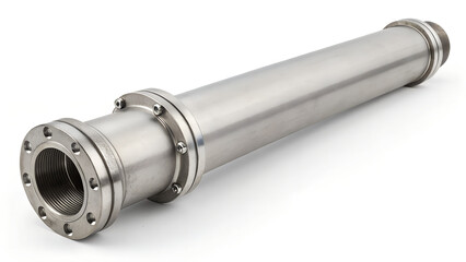 Close-up of a shiny metal water pipe with threaded connectors. Plumbing, water supply, gas or heating systems. Concepts of industrial engineering, home repair, fluid transport, and pipe installation