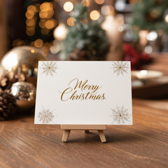 White and gold tabletop Christmas sign or card mockup with blurred background with a Merry Christmas text