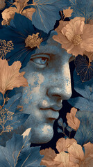 ancient greek gods blended with surreal botanical elements background 