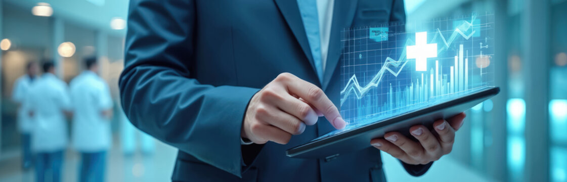 Businessman uses tablet to analyze medical business growth data. Report shows health care investment and financial analysis in hospital. Digital tech in healthcare concept. - Powered by Adobe