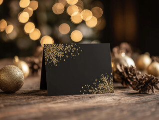 Black and gold tabletop Christmas sign or card mockup with blurred background