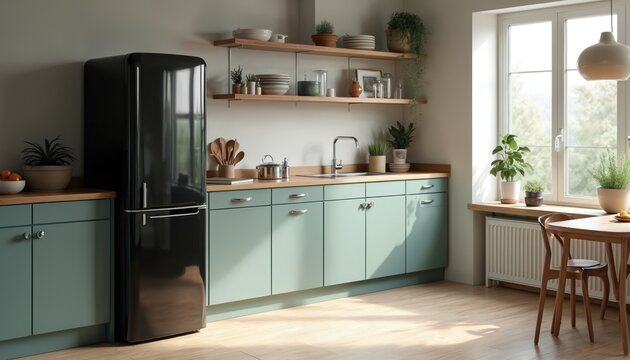 Modern kitchen with aqua cabinets, wooden countertops, and a black retro fridge. Open shelving displays dishes. Natural light streams through a large window, illuminating a dining table and chairs.