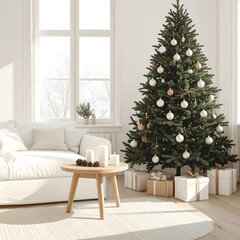 A cozy living room decorated for Christmas. A tall green Christmas tree adorned with white ornaments stands next to wrapped gifts. A light-colored sofa and wooden table complete the scene.